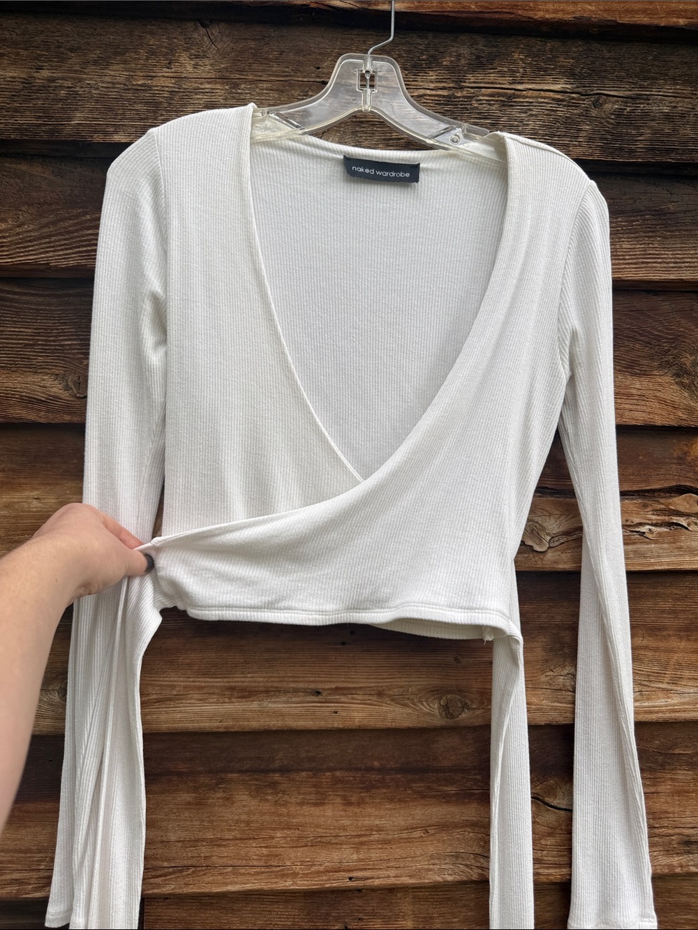 Naked wardrobe cropped faux wrap top long sleeve